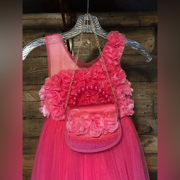 Stunning Hot Pink Rosette One-Shoulder Tulle Dress with Matching Purse - Picture 3 of 4